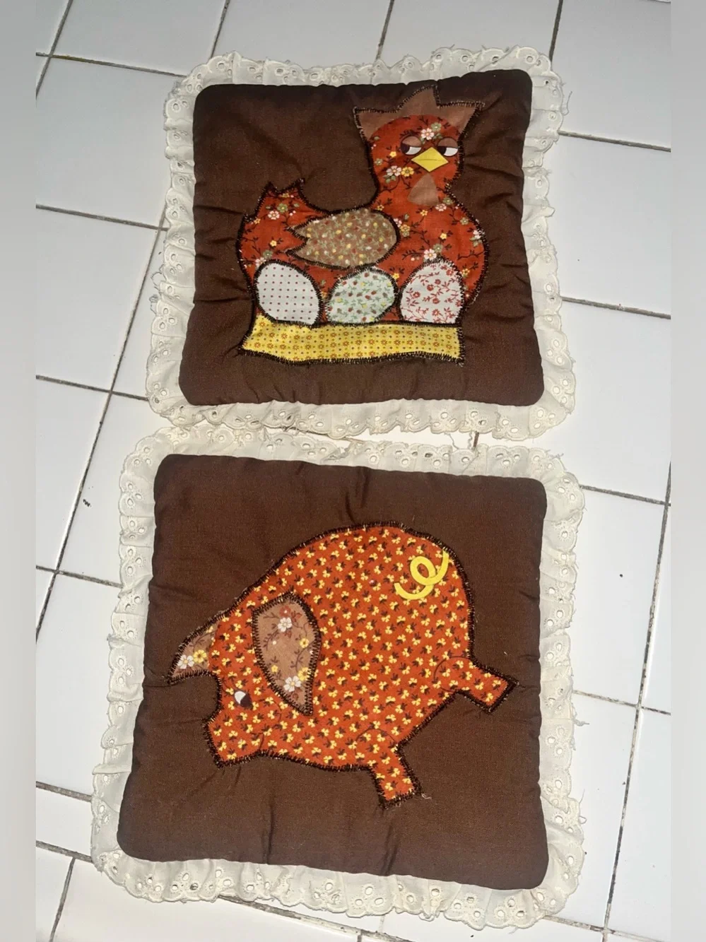 Brown Farm Animal Appliqué Kitchen Cushions - Set of 2